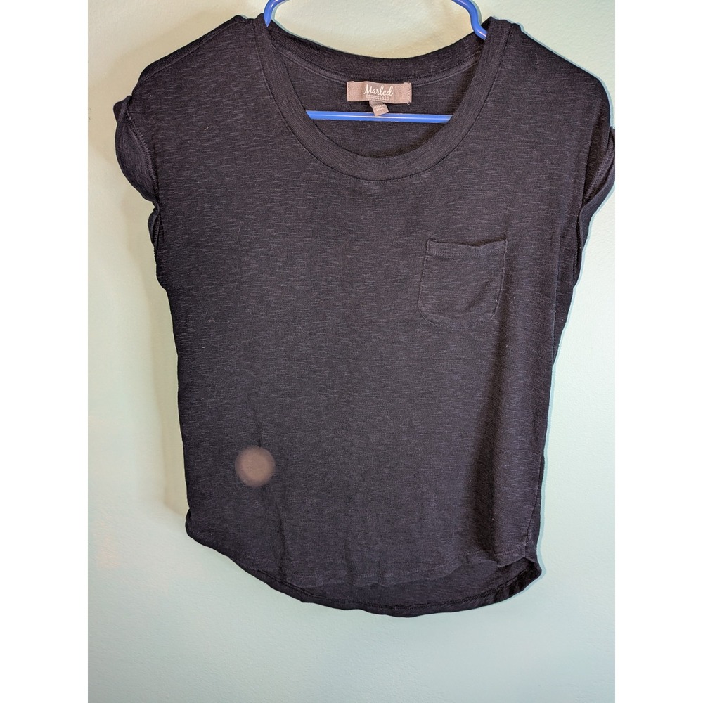 Marled Essentials Womens Black Slub Knit Pocket Tee Cap Sleeve Shirt XS
